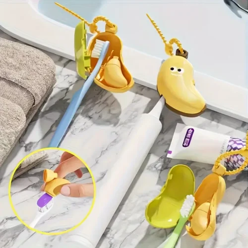 2pcs Banana-Shaped Toothbrush & Storage Case Set – Cute Smiling Face & Expressive Eyes